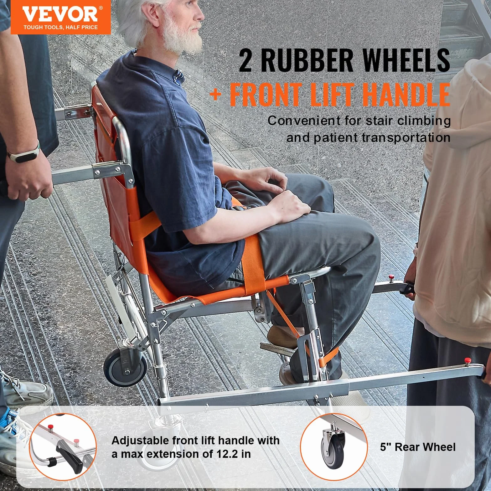 VEVOR Chaise d'Évacuation d'Escalier 158 kg Chaise Portoir d'Ambulance avec 2 Roues Fauteuil Roulant de Transfert Médical Transport Urgence Portable Pliable pour Personnes Âgées, Handicapées, Pompier