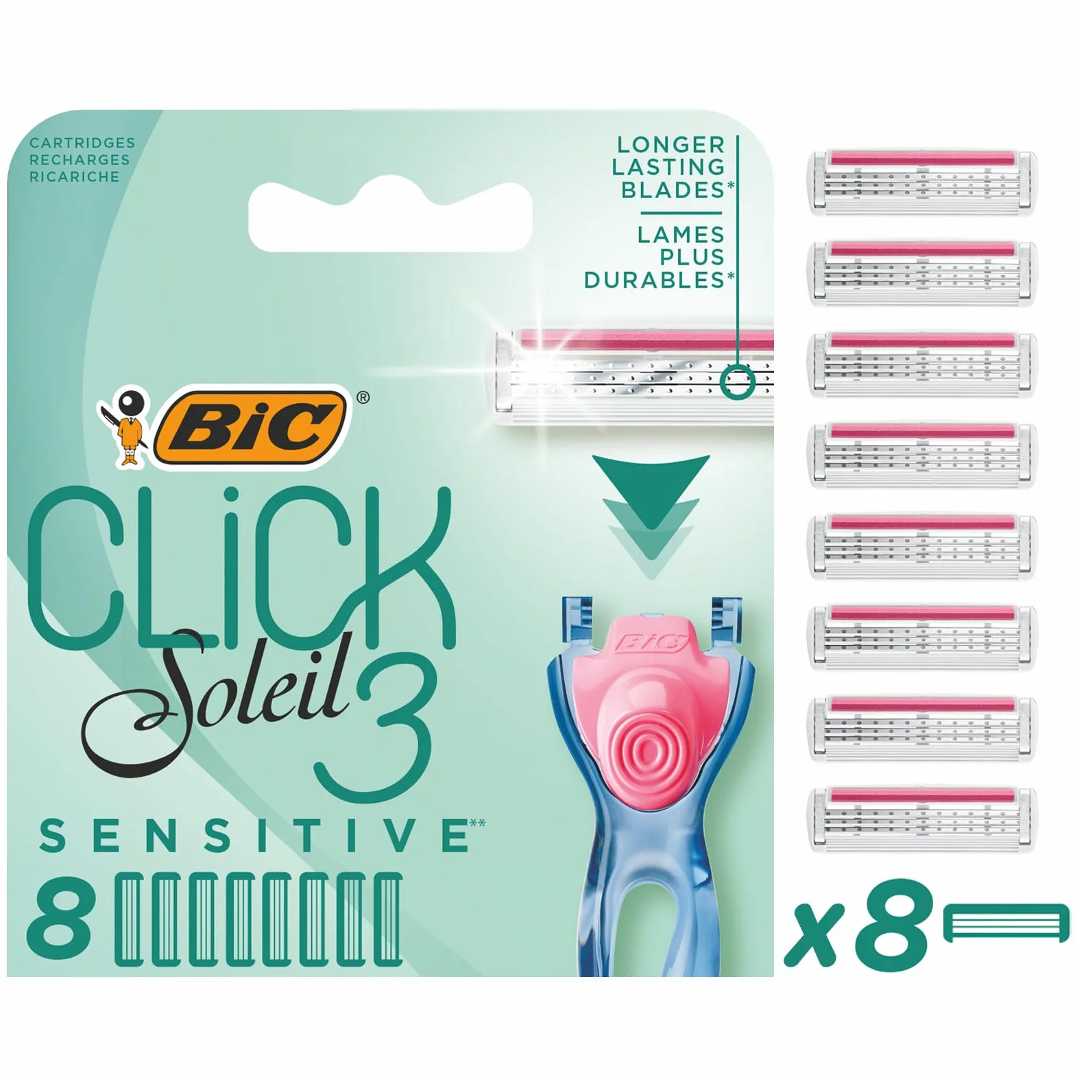 BIC Click 3 Soleil Sensitive Recharges Rasoir Femme 3 Lames Mobiles et Bande Lubrifiante - Boîte de 8 recharges