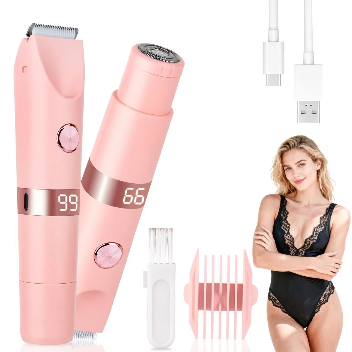 Épilateur Bikini Femme Étanche IPX7, Rasoir Électrique Double Tête 2 en 1 avec Écran LED, Rechargeable par USB, Épilation Douce et Indolore pour Bikini, Visage, Aisselles et Jambes