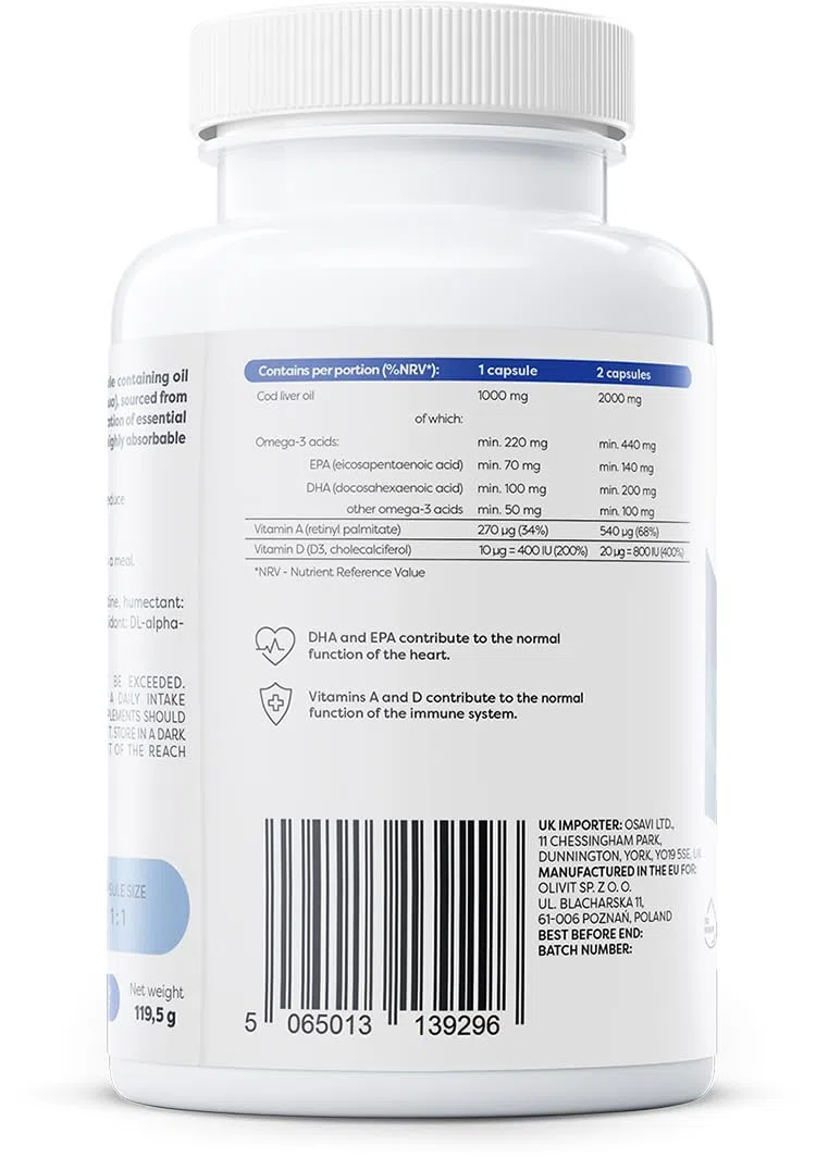 Osavi Norwegian Cod Liver Oil Softgels, 1000mg (Lemon) - 180 softgels
