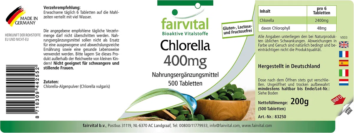 Comprimés de chlorella fairvital 400mg, 500 comprimés, faciles à avaler, HAUTEMENT DOSÉS, 100% poudre d'algue chlorella (Chlorella vulgaris), VÉGÉTALIEN
