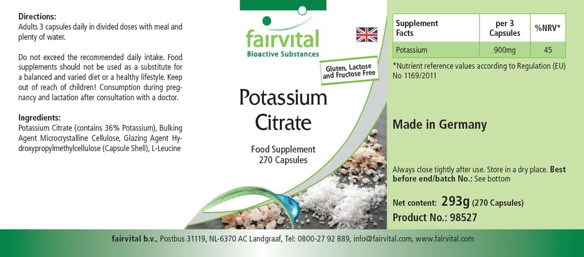 fairvital Citrate de potassium en gélules, HAUTEMENT DOSÉ, 300mg de potassium par gélule, VÉGÉTALIEN, Potassium Citrate, 270 gélules