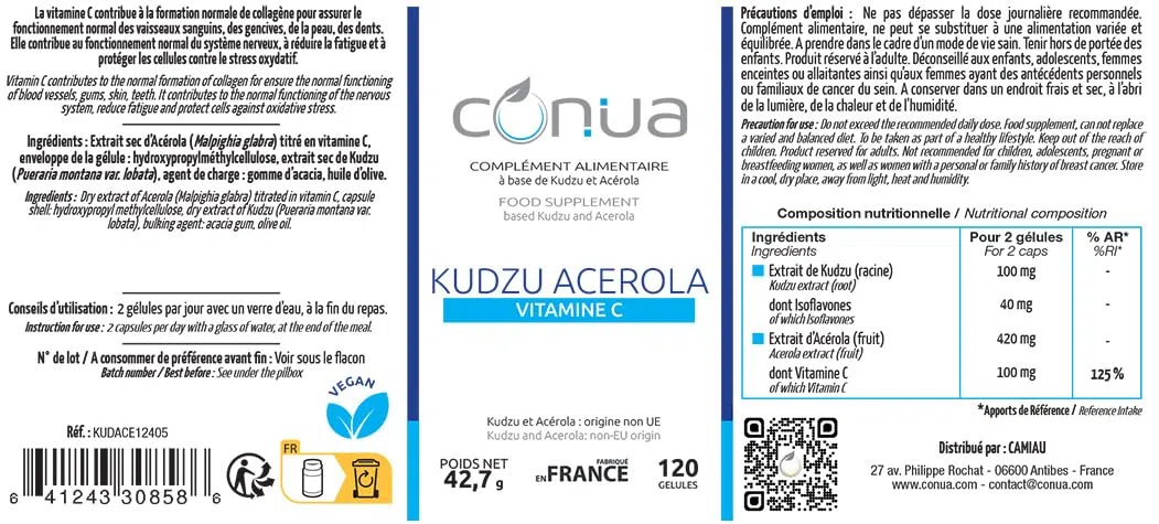 Kudzu 120 capsules, Acerola Stress Alcohol Tobacco antimicrobial antioxidant depression by Conua