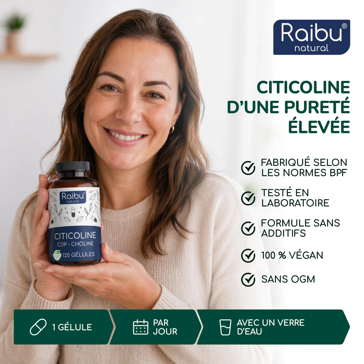 CDP-Choline (Citicoline) 500 mg - Cure de 4 Mois, 1 Gélule par Jour - Forme Bioactive de Choline - 120 Gélules de Citicoline - Sans OGM, Sans Additifs, Végan, Testé en Laboratoire