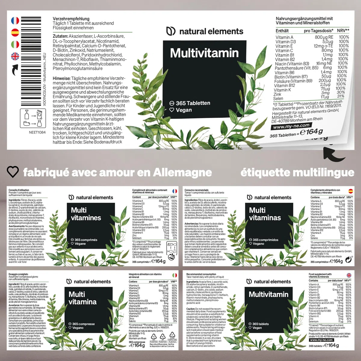 Multivitamines – 365 comprimés véganes – provision annuelle – précieuses vitamines de A à Z, avec vitamines K1 et K2 – sans additifs inutiles – produit et contrôlé en laboratoire en Allemagne