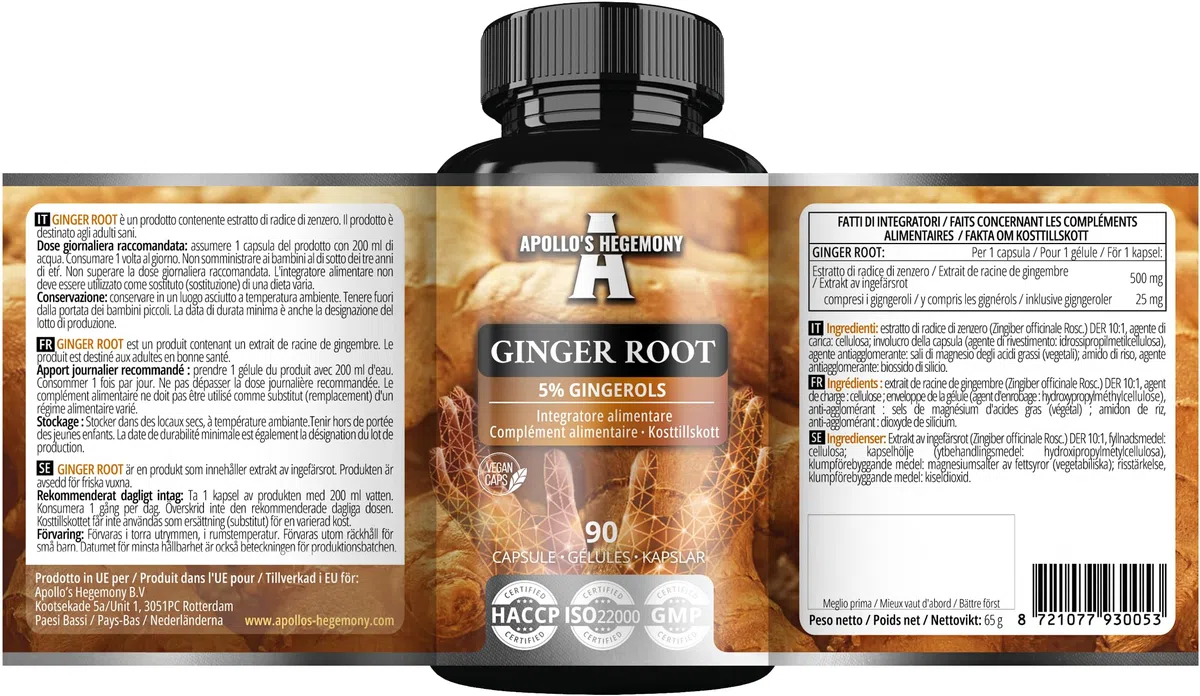Ginger Root 500 mg, Extract contains 5% Gingerols, 90 Vegan Capsules, 3 Months Supply, Ginger Herbal Supplements for Digestive Comfort and Immune Support - by Apollo's Hegemony