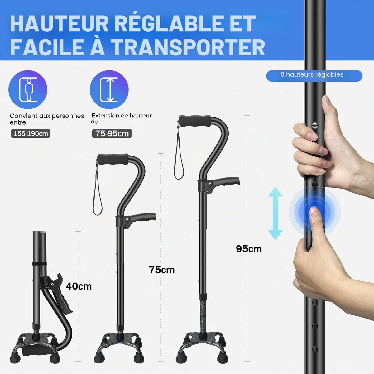 AearKing Canne de Marche, Canne de Marche Pliante avec Base Quadruple, Cannes de Marche pour Homme et Femme avec Double Poignée pour Adultes, Bâton de Marche Réglable en Hauteur