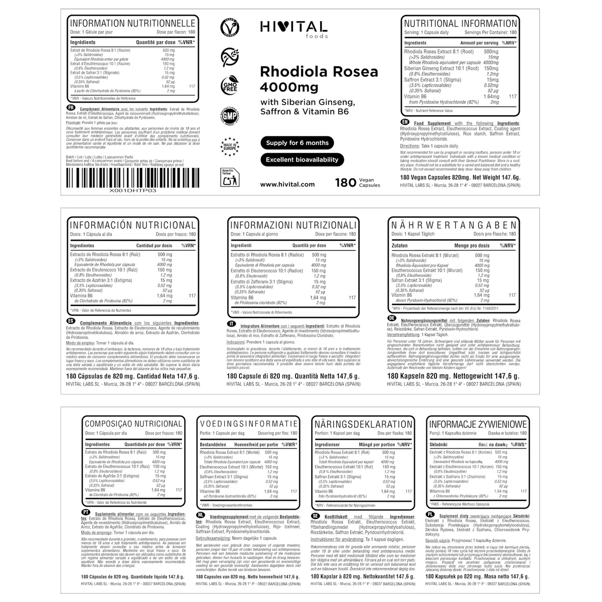 Rhodiola Rosea 4000 mg. 180 gélules végétaliennes pour 6 mois de traitement. Rhodiola avec 3% Salidrósides, avec Ginseng Sibérien, Safran et Vitamine B6. Fabriqué en Europe par HIVITAL