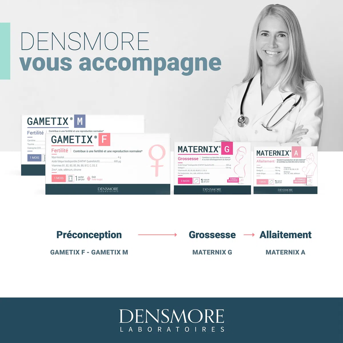 Densmore - GAMETIX F - Fertilité femme et Grossesse - Complément Alimentaire à base Vitamines et Minéraux, Myo-Inositol, Acide Folique - 30 sachets (poudre) - 1 mois - Fabriqué en France