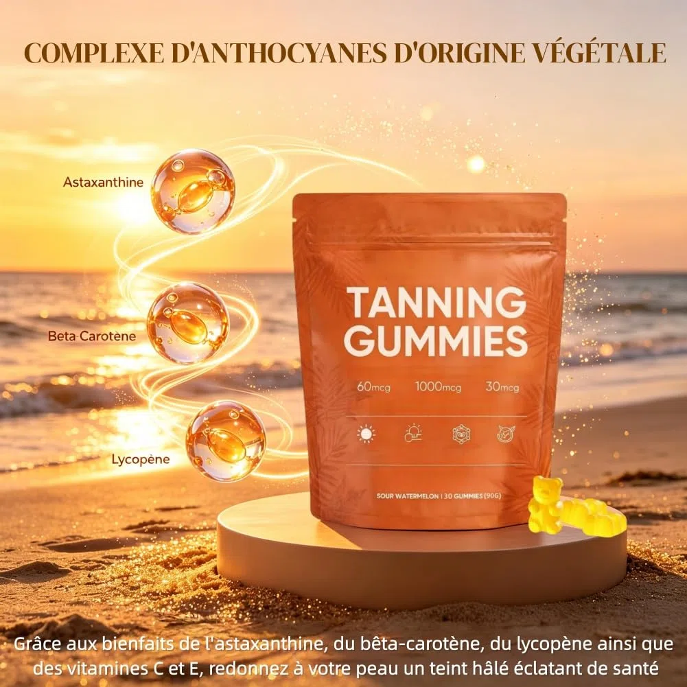 Gummies Autobronzant,60pcs Autobronzantes,Gummies Bronzantes,Gommes Bronzage Peau,Associant bêta-carotène et L-lycopène pour rehausser l'éclat naturel de peau