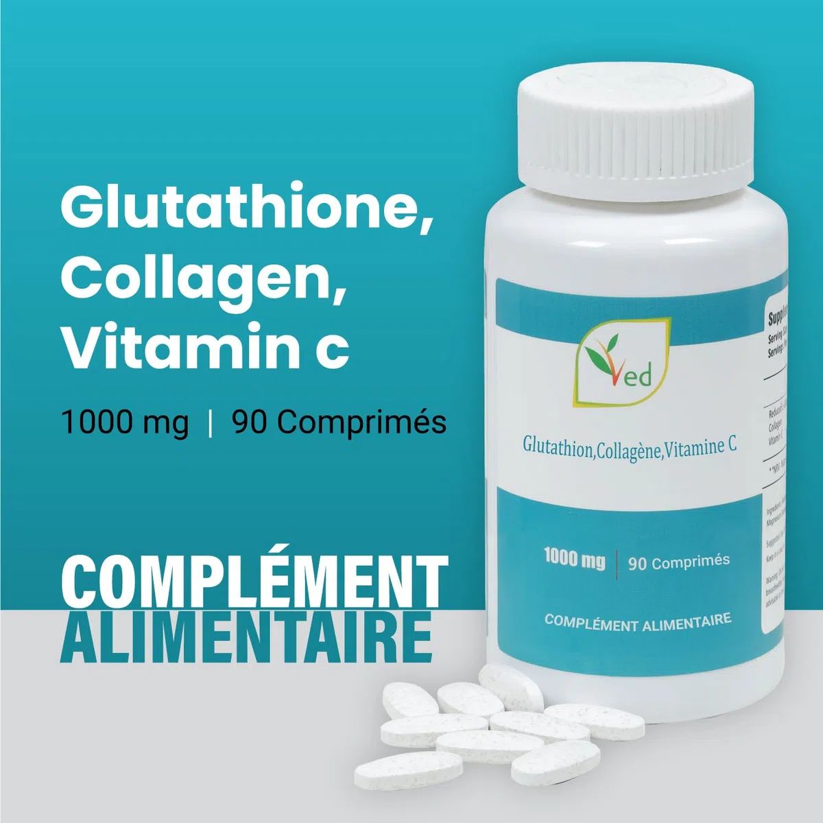 VED L-Glutathion réduit, Collage, Comprimés de vitamine C | 1000 mg x 90 comprimés