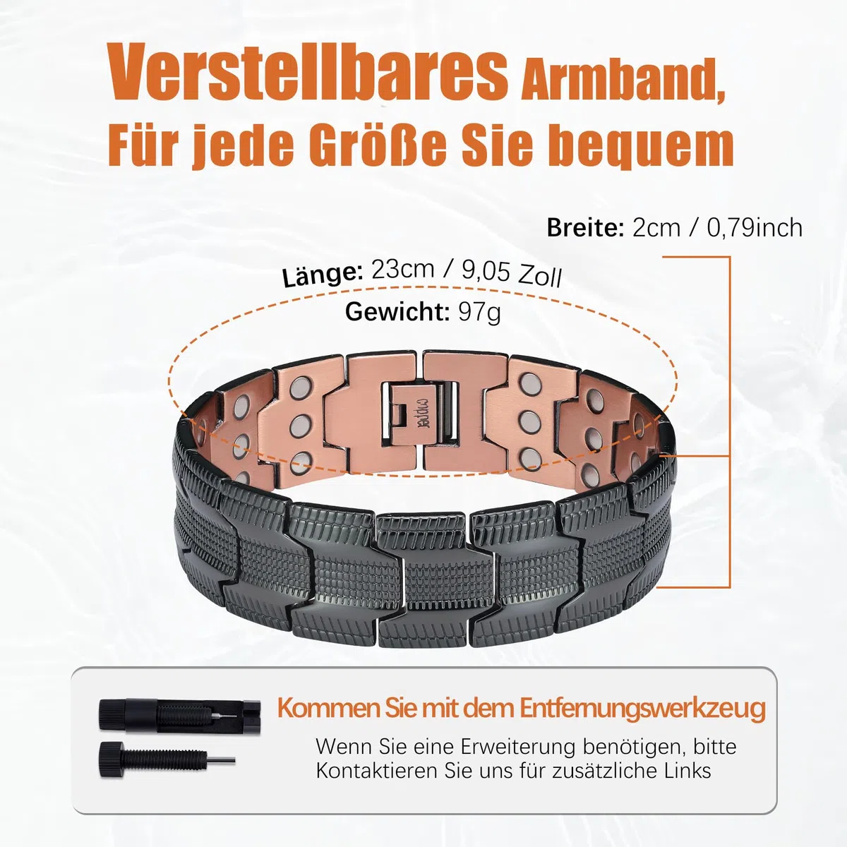 Jecanori Bracelet magnétique en cuivre pour homme, 3 rangées magnétiques réglables pour homme, bracelet en cuivre 3500 gauss aimants, anneaux et boîtes cadeaux (noir), 22 cm, Cuivre