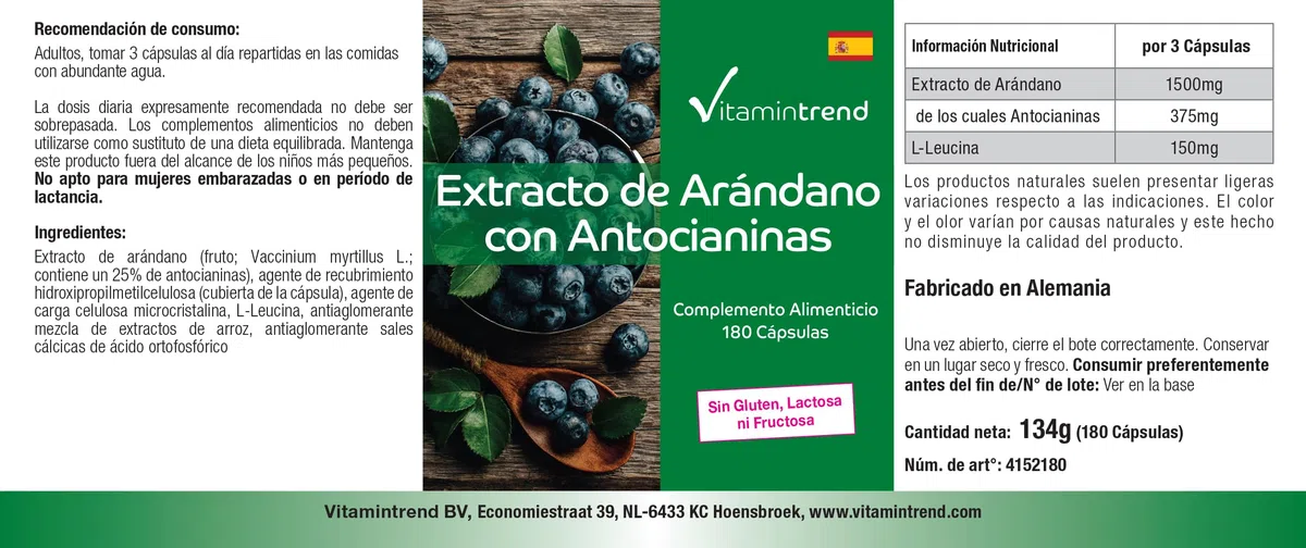Vitamintrend Extrait de myrtille avec 25% d'anthocyanes, 180 gélules, hautement dosé, complément alimentaire végan sans stéarate de magnésium, fabriqué en Allemagne