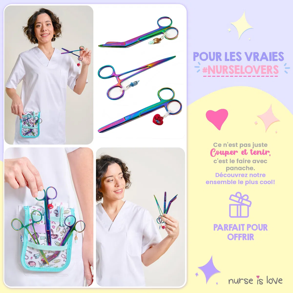 Nurse is Love Set 3 pièces Ciseaux Infirmiers Pico de Pato & Droits Mayo + Outil de Fixation | Ciseaux à Pointe Roma, Accessoires Infirmière, Premiers Secours - Cromium