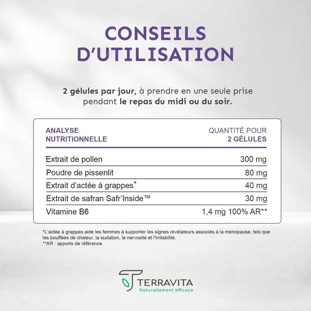 Complexe Ménopause | Sans Hormones | Avec Pollen et Safran Breveté | Bouffées de Chaleur, Fatigue, Stress et Variations d’Humeur | 60 Gélules | Made in France | Terravita