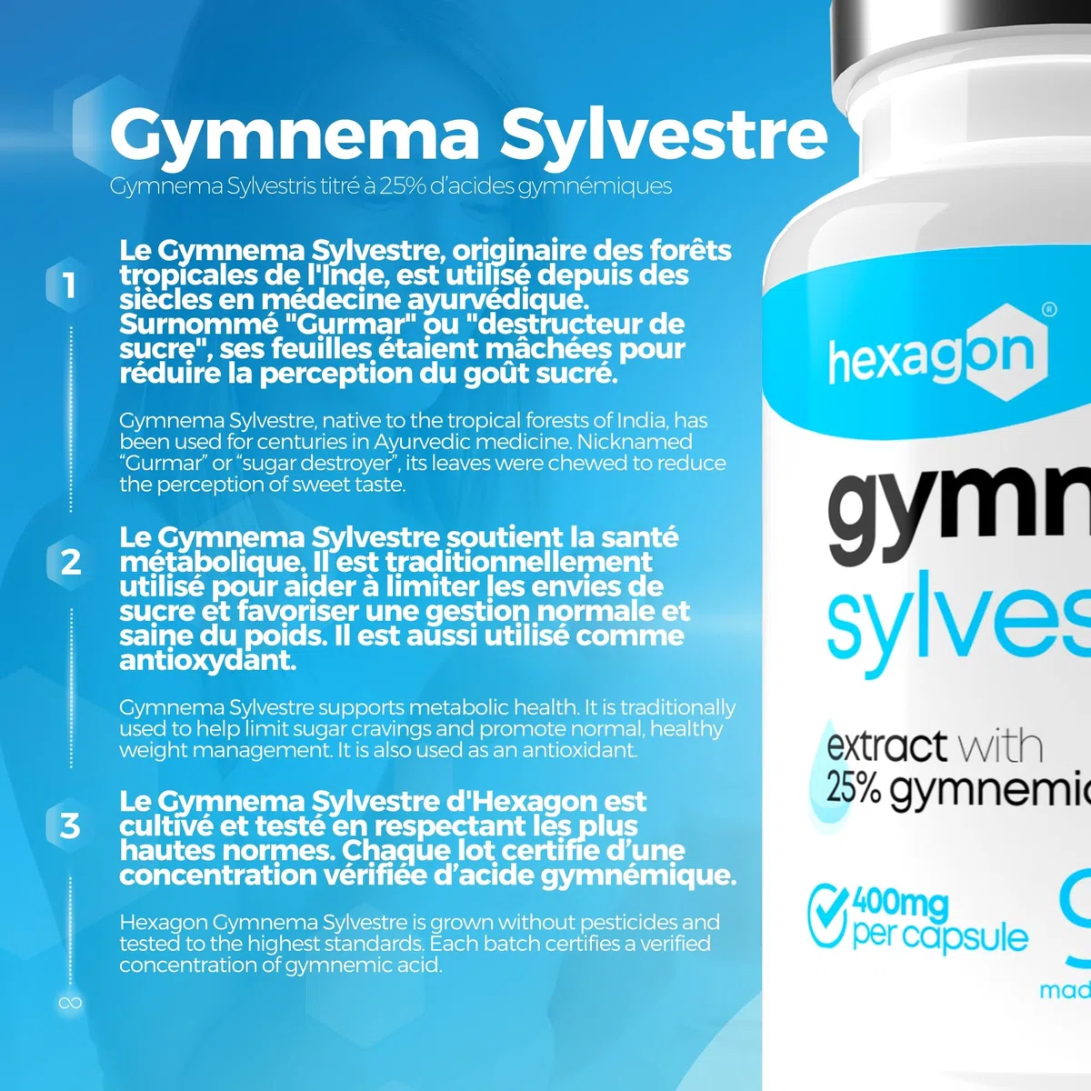 Gymnema Sylvestre 400mg - Jusqu’à +3 Mois de Cure - Soutien Naturel - Gestion des Envies Sucrées - Made in France - 90 Gélules Végétales - Vegan - Hexagon
