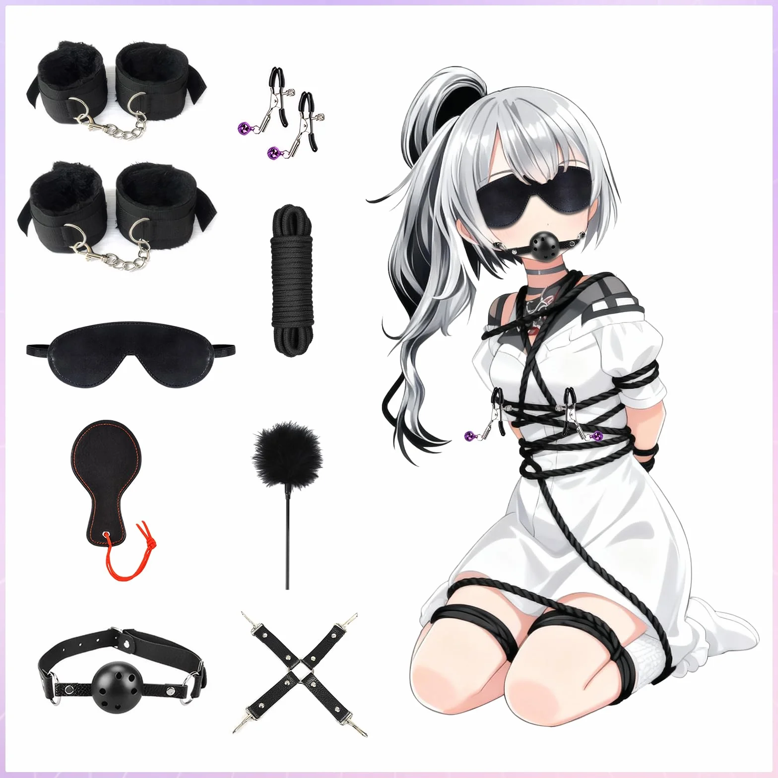 Kit BDSM Bondage 26 Pièces Qoosea pour Couples Menottes Réglables Entraves Cheville Collier avec Set de Plug Anal Pinces à Tétons Fouet Cache-yeux Boule Baillon Jouets Vibrants pour Jeu Sensuel Adulte