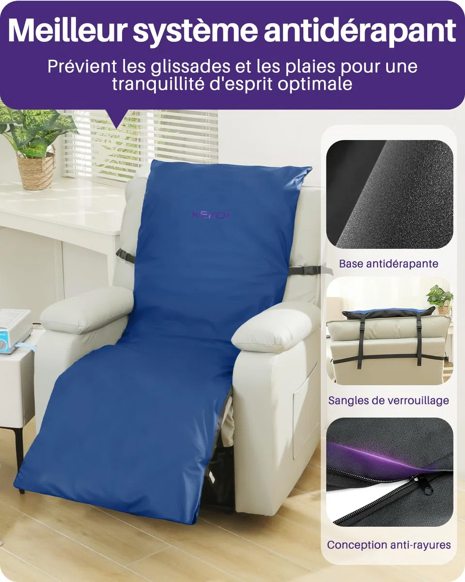 Kekoy Matelas Anti-Escarre pour Fauteuils Relax, Pompe Silencieuse, Housse Imperméable, Idéal pour Personnes Âgées et Récupération Postopératoire, 170x56 cm, Bleu Clair