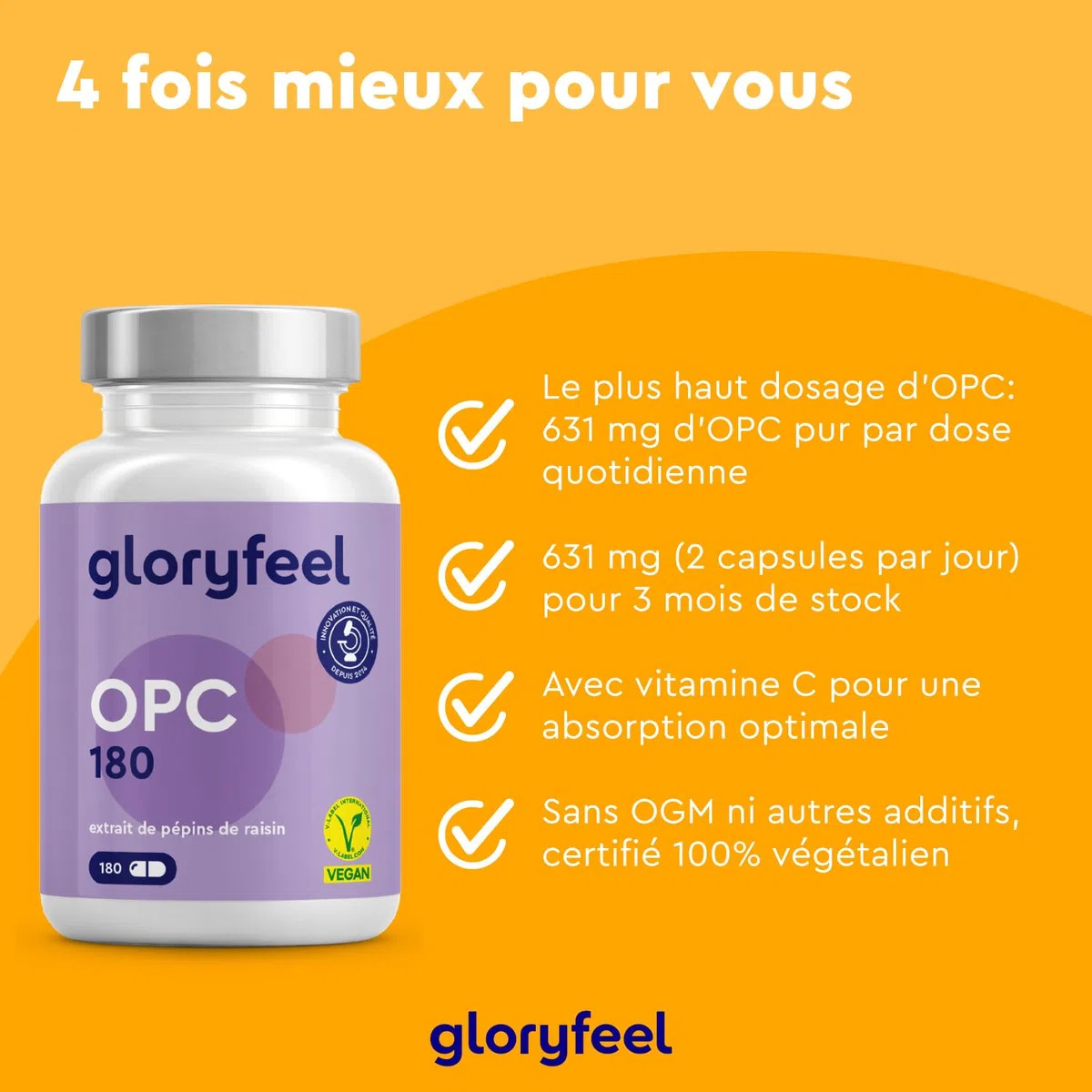 OPC 95% Extrait de Pépins de Raisin Resvératrol + Vitamine C, 1052mg d'OPC pur issu de Raisins Français - 180 Capsules Végétaliennes, Antioxydant Puissant, Proanthocyanidine Oligomérique