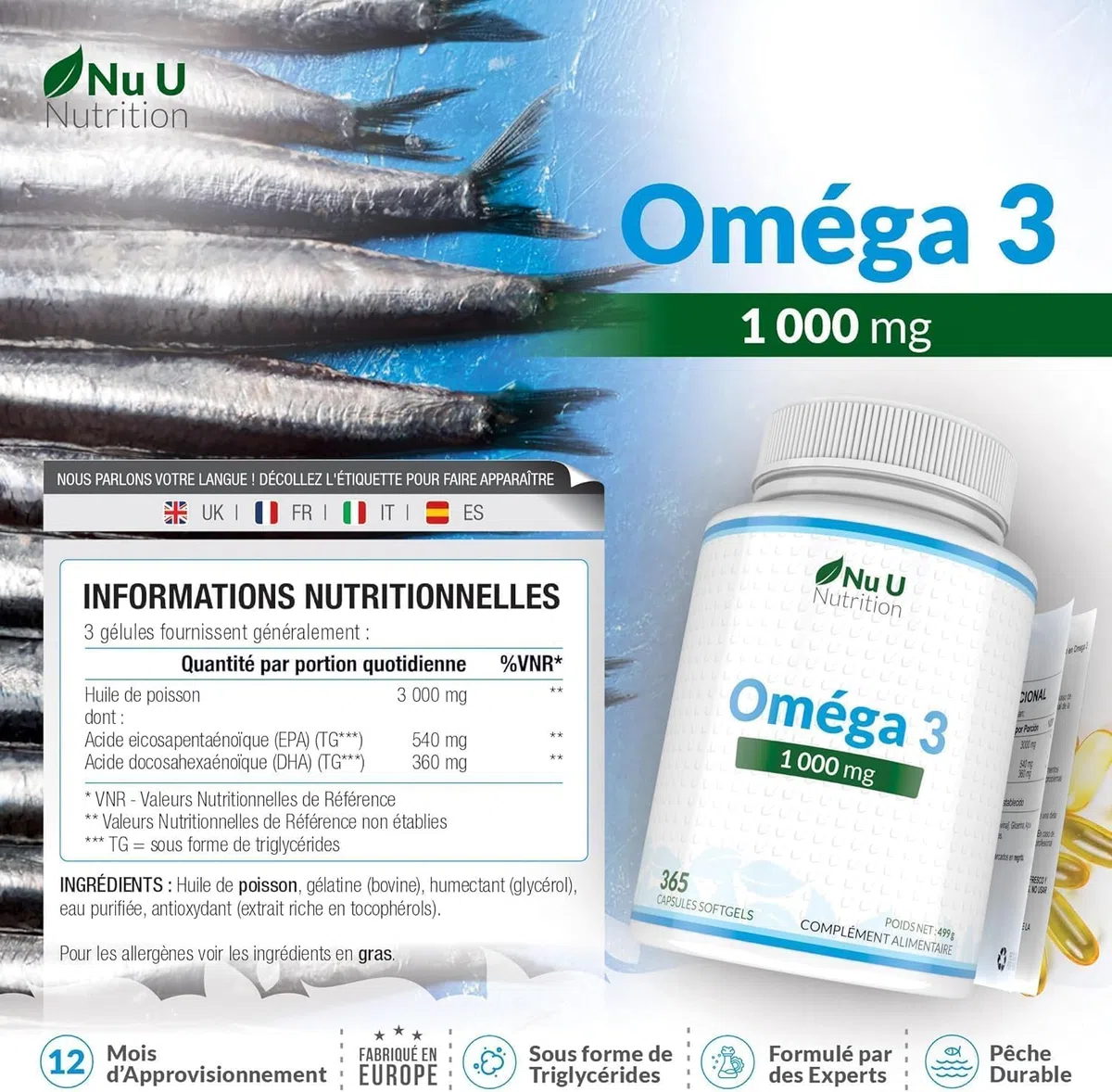 Omega 3 Fish Oil 1000 mg - Huile de Poisson - 365 Gélules - Cure d'1 An - Riche en EPA 540mg et DHA 360mg - Compléments alimentaires de Nu U Nutrition