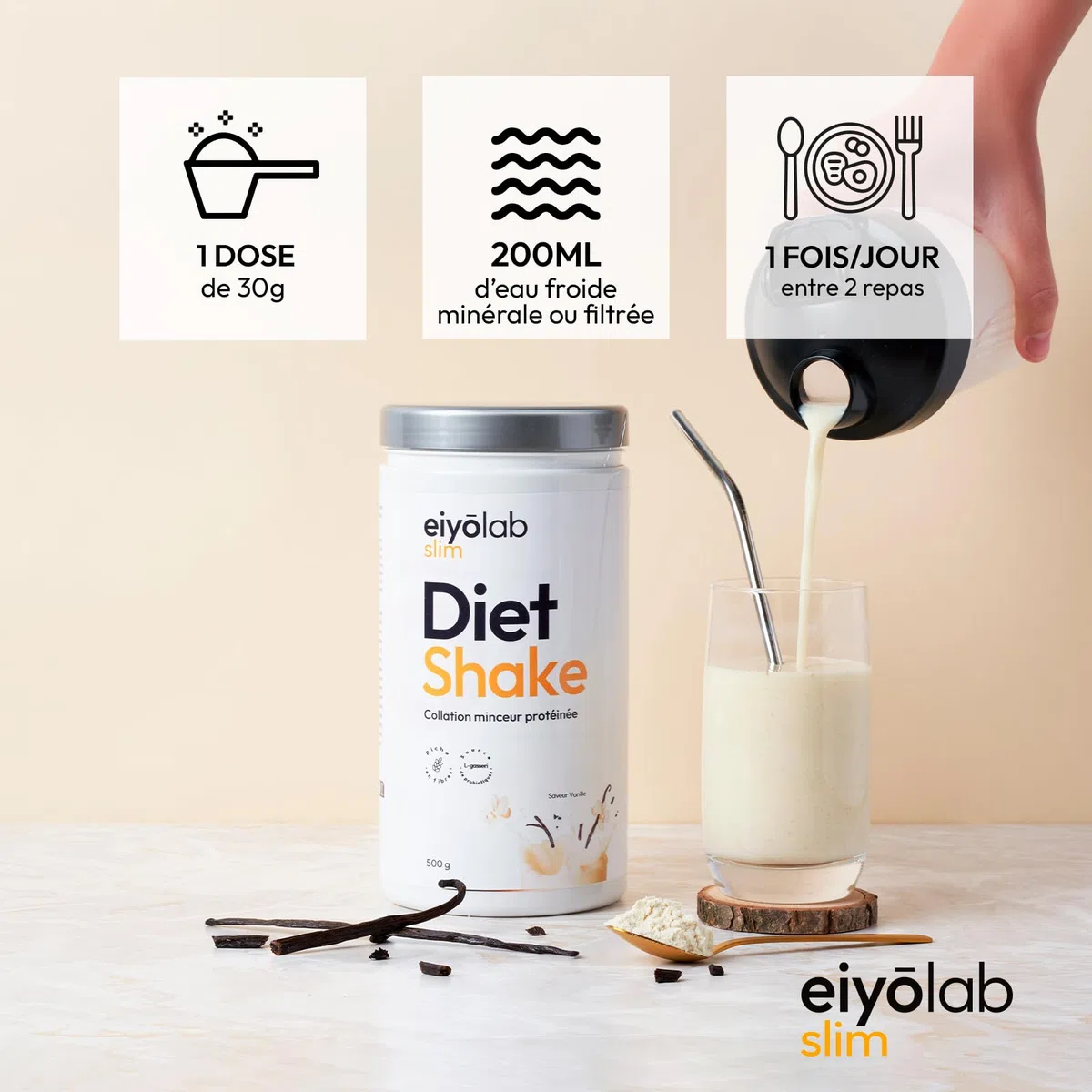 DIET SHAKE | Collation Minceur Protéinée | L-Carnitine pour l’Activation des Graisses | Probiotiques et Psyllium pour la Digestion | Vitamines et Minéraux | Pauvre en Sucres | 500g Vanille | Eiyolab