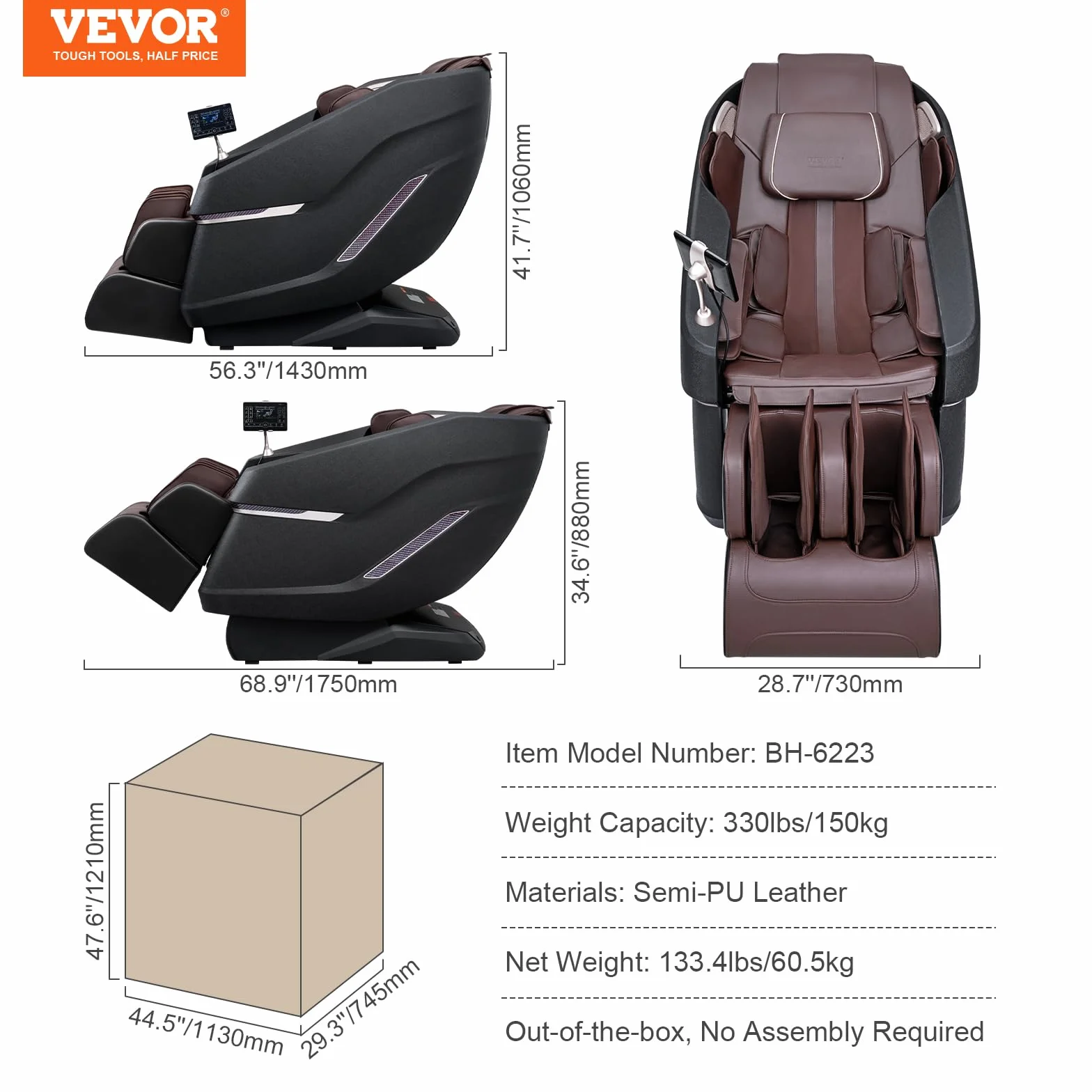 VEVOR Fauteuil de Massage avec Piste SL Flexible, Masseur Shiatsu 3D Complet du Corps, Zéro Gravité, 10 à 18 Modes Automatiques, Chauffage, Haut-Parleur Bluetooth, Coussin d’Air, et Écran Tactile