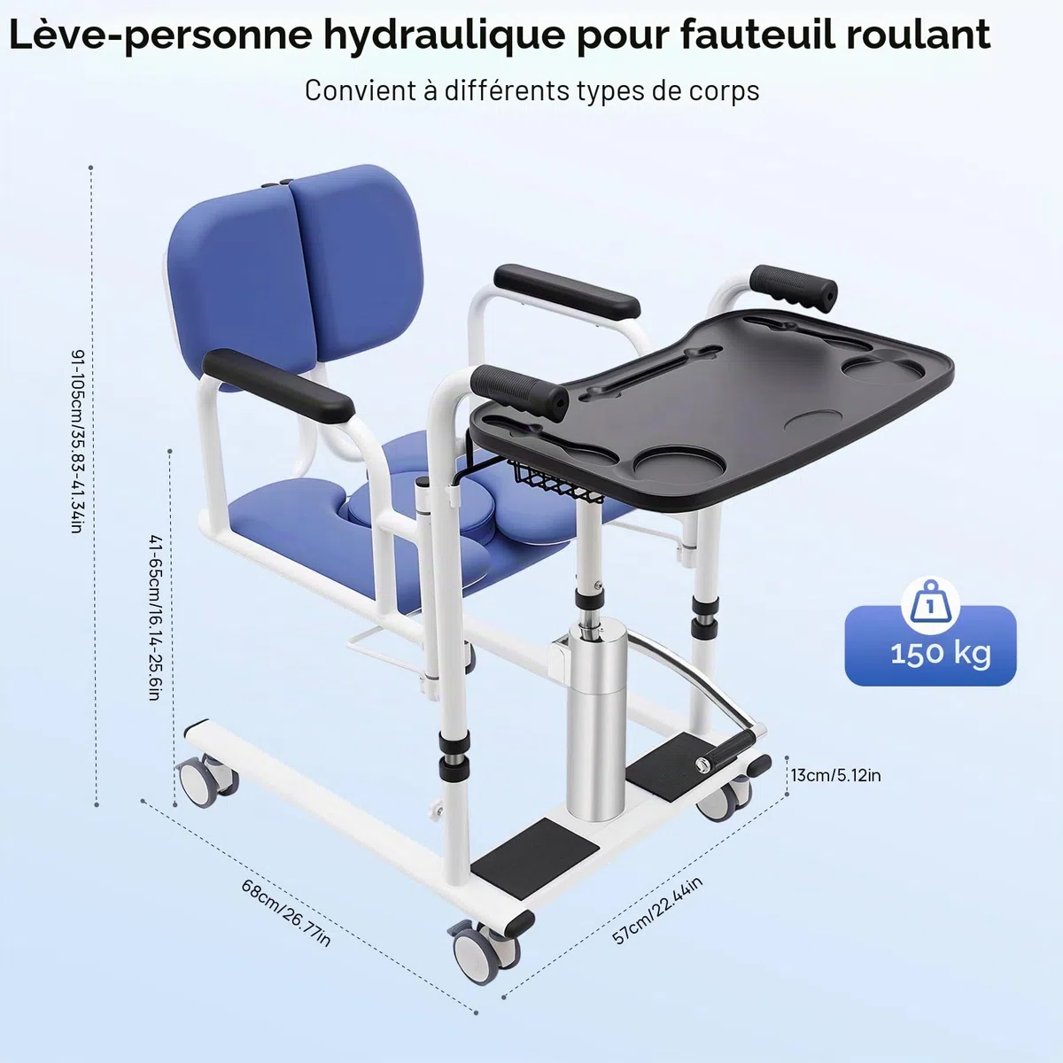 Chaise de transfert hydraulique pour patients - Hauteur réglable - Avec roulettes et siège divisé - Charge maximale : 150 kg - Pour l'intérieur et l'extérieur