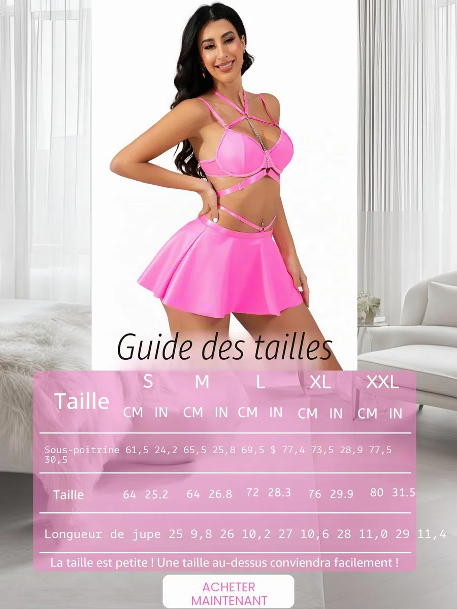 EVELIFE Ensemble de robes sexy en cuir pour femme, dos nu avec chaîne en métal, soutien-gorge push-up, effet mouillé, sous-vêtements courbés, élégants, en cuir synthétique, pour fête, rave, club, mini