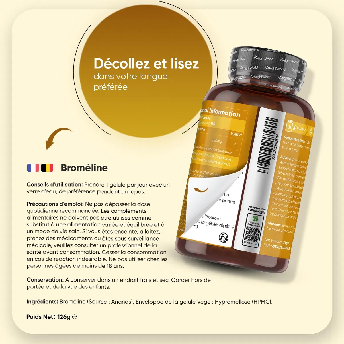 Bromelaine Gélules 650 mg (2500 UDG/g), 180 Gélules, 6 Mois d'Apport, avec Enzymes Digestives Dérivée de la Tige d'Ananas, Source de Manganèse, Cuivre, Vitamine C - Vegan & sans Stéarate de Magnésium