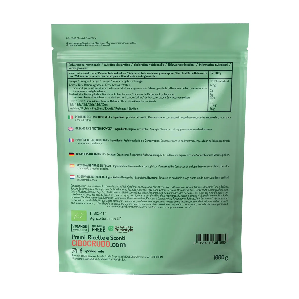 Protéines de Riz en Poudre Bio - 1 Kg. Proteines Vegetales et Vegan. Proteine Sans Lactose Gluten et OGM 100% Naturelle. Source de Protéine Végan et Vegetale.