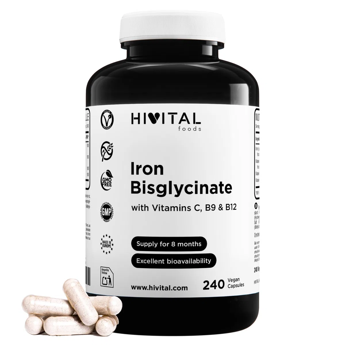 Fer 14 mg. 240 gélules végétaliennes pour 8 mois de traitement. Bisglycinate de fer pur végétal avec vitamine C, acide folique et vitamine B12. Fabriqué en Europe par HIVITAL