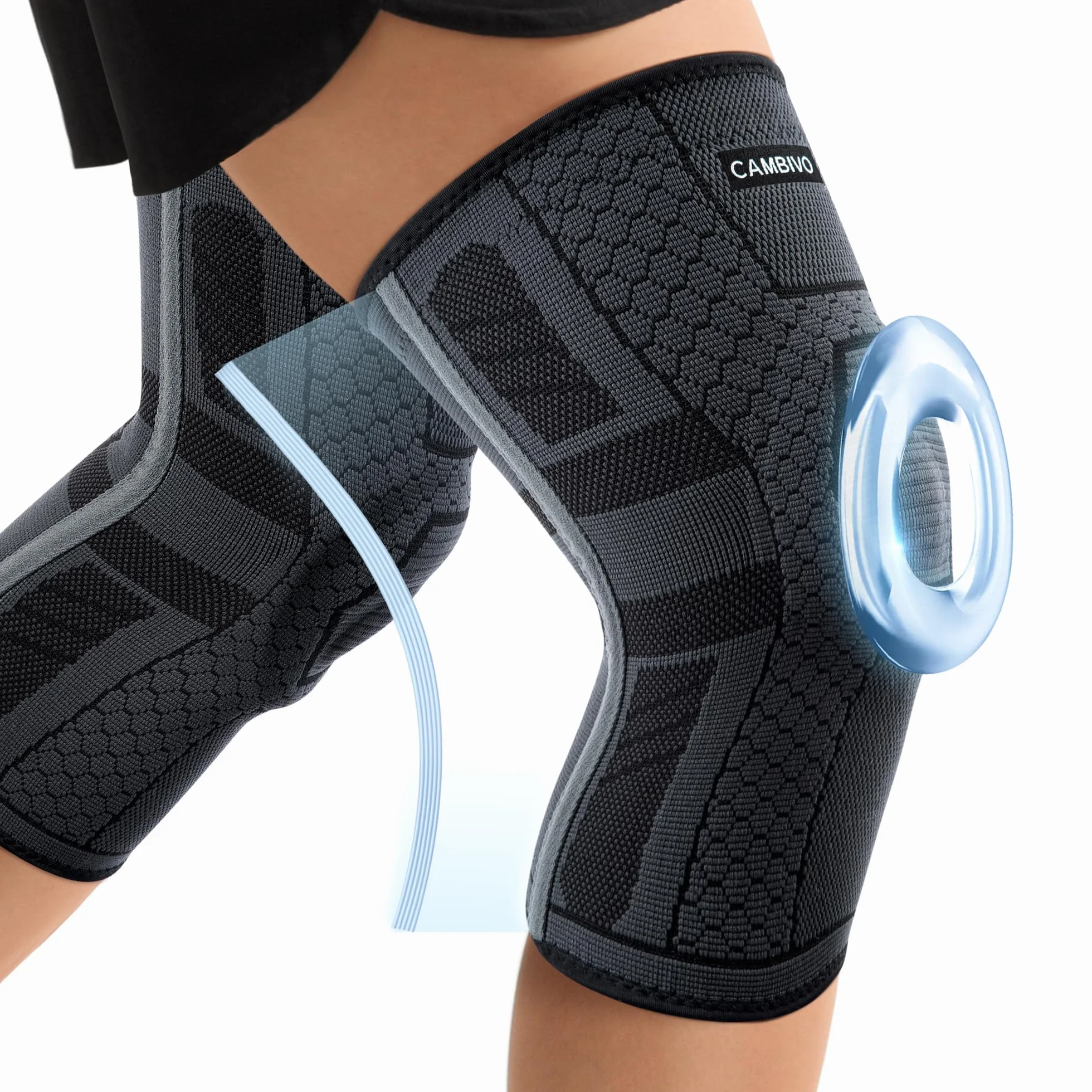 CAMBIVO Genouillere Arthrose Genou 2 Pcs, Genouillère Sport avec Stabilisateurs Latéraux en PMMA et Coussin en Gel Rotulien, Genouillère Rotulienne pour Ménisque, Douleur Genoux, Sport