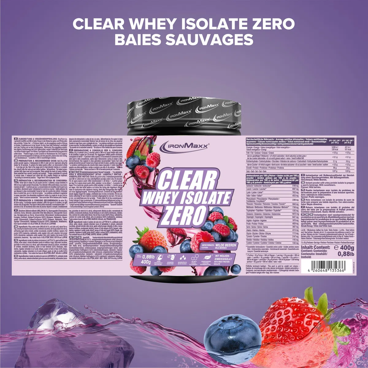 IronMaxx Clear Whey Isolate Zero - Wild Berry 400g | Whey Protein Isolate | Proteine Whey Sans Sucre | Clear Whey Boisson Protéinée | Shaker Proteine Zéro Sucre pour Musculation & Pre-Workout
