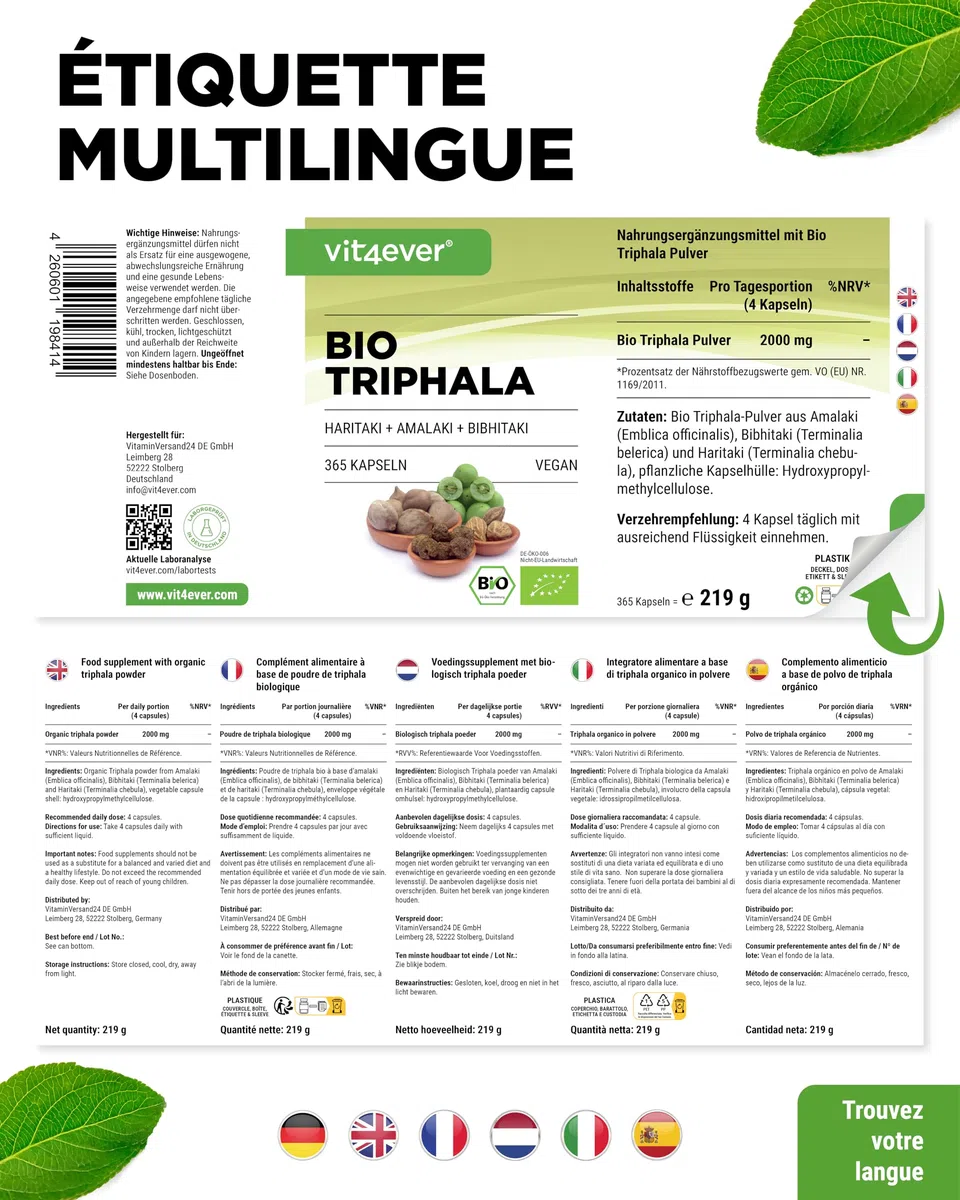 Triphala Bio - Haute Dose de 2000 mg (500 mg par capsule) - 365 capsules - Poudre de Triphala de l'Inde : Haritaki, Amalaki, Bibhitaki - Sans Additifs - Vegan