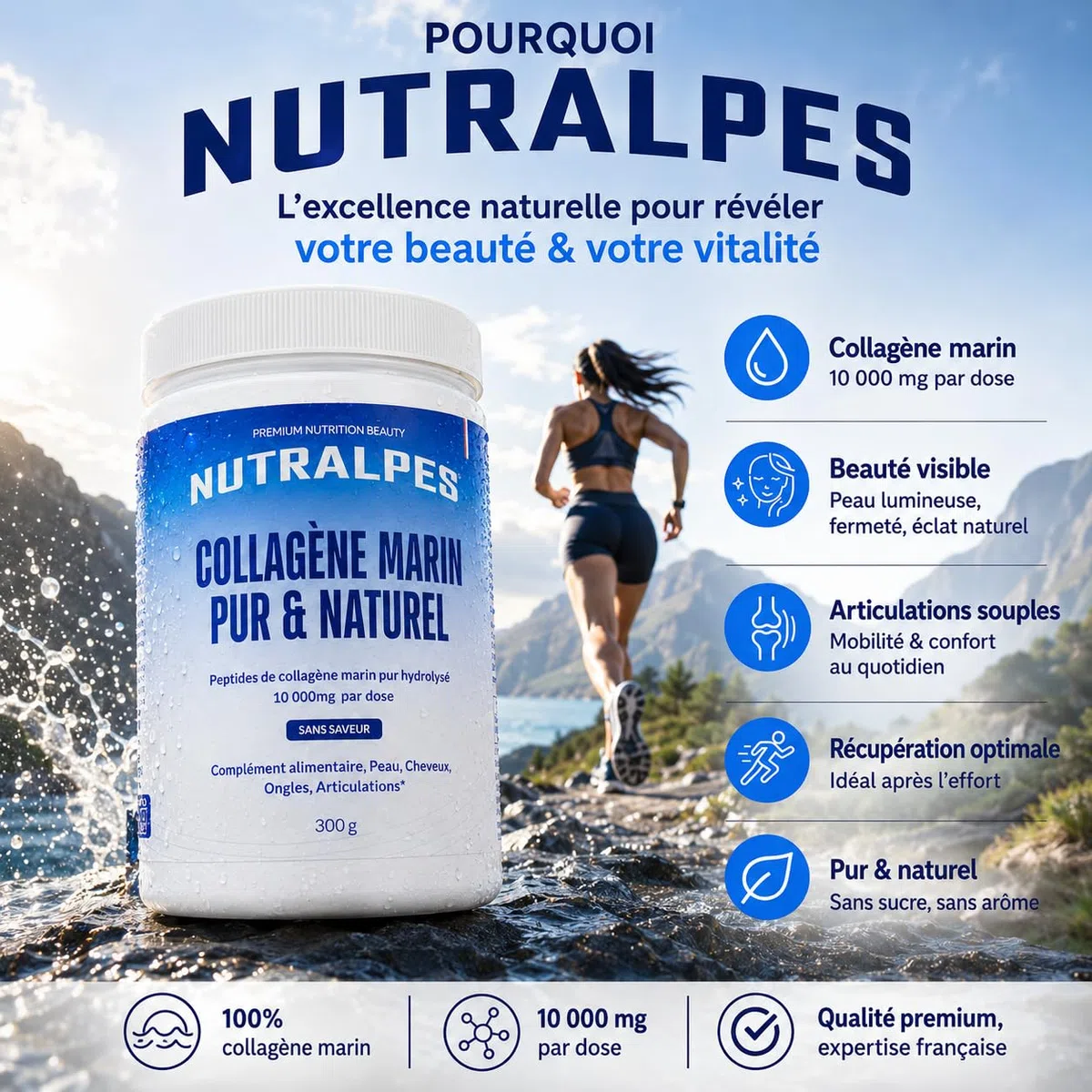 Collagène Marin Poudre 10 000 mg | Beauté & Récupération | Peptides Hydrolysés Type I & III | Sans Saveur Sans Sucre | 300 g Cure 30 Jours | Fabriqué en France