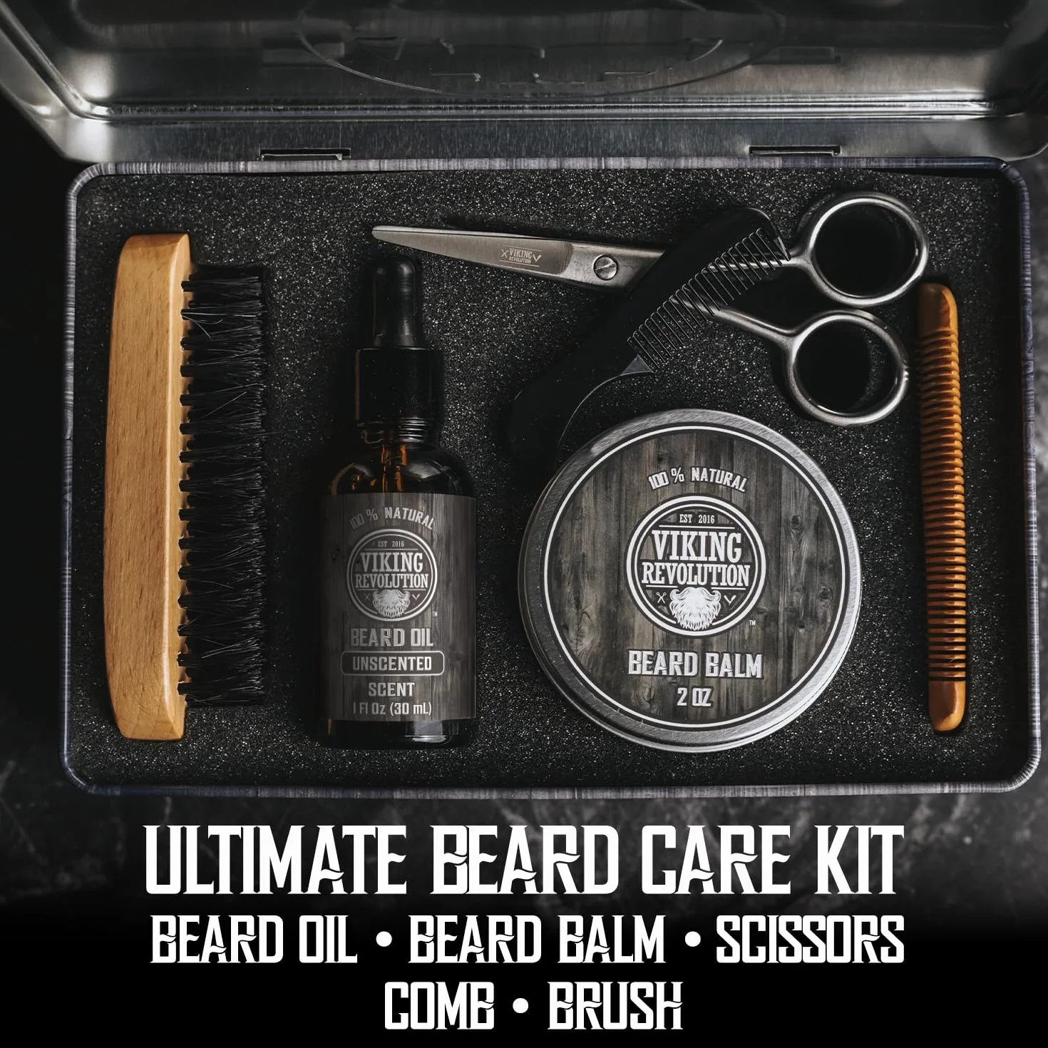 Viking Revolution - Kit Barbe Homme - Inclus Brosse Barbe en Poils de Sanglier, Peigne Barbe en Bois, Baume Barbe & Huile Barbe Homme, Ciseaux Barbe & Moustache - Cadeau Homme