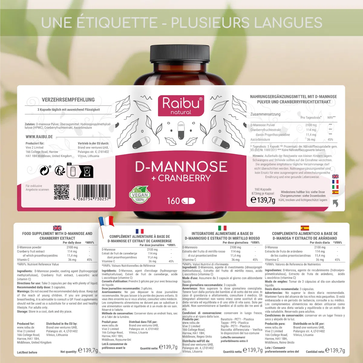 D-Mannose Raibu - Pur 2100 mg par Dose Quotidienne Fortement Dosée - Avec canneberge et vitamine C, 160 gélules - D Mannose Végan, sans additifs & hautement biodisponible - Testé en laboratoire