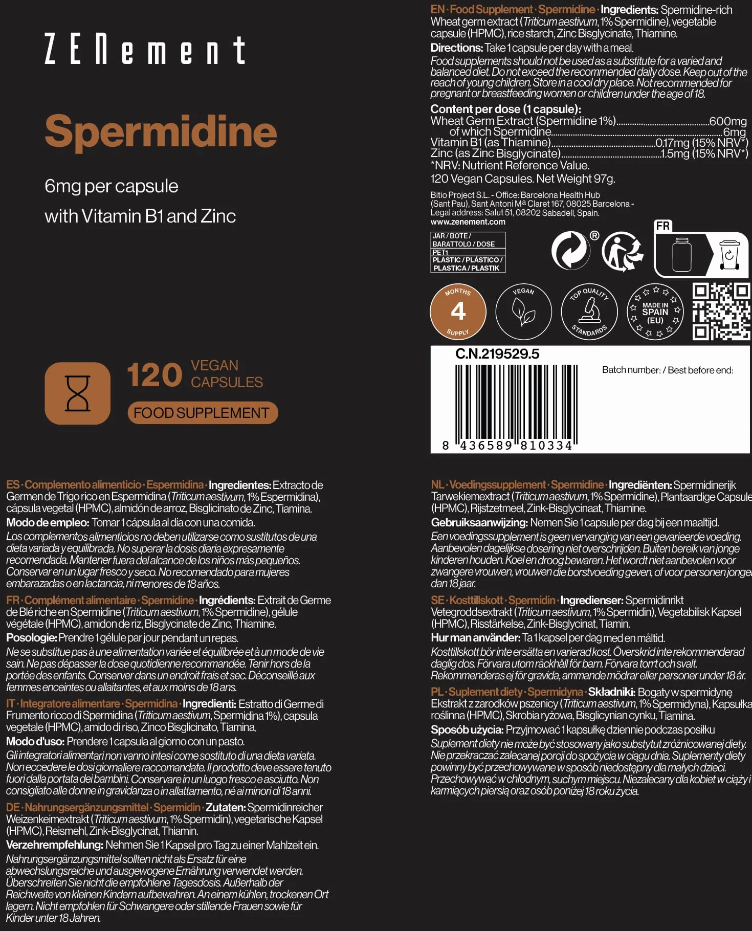 Spermidine - 6 mg par gélule avec Vitamine B1 et Zinc - Haute Dose - 120 Gélules - Extrait 100% Naturel de Germe de Blé - 6 Mois d'approvisionnement - Végan, Sans Additifs, Sans OGM - Zenement