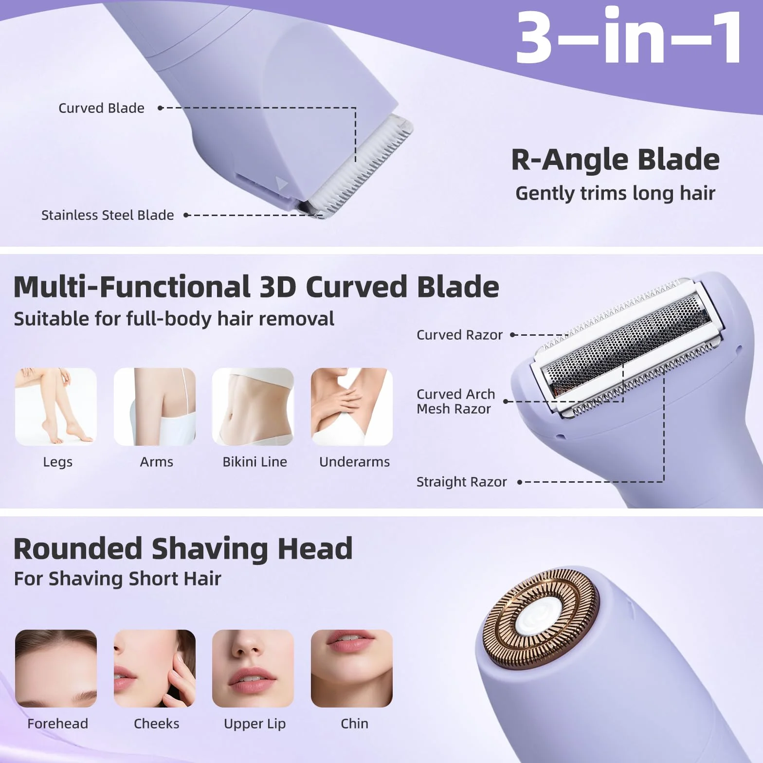 Carehabi Rasoir Electrique Femme 3 en 1 Epilateur Electrique Femme Tondeuse Femme Intime Rasoir Femme avec Affichage LED étanche IPX6 pour Bikini, Aisselles, Jambes