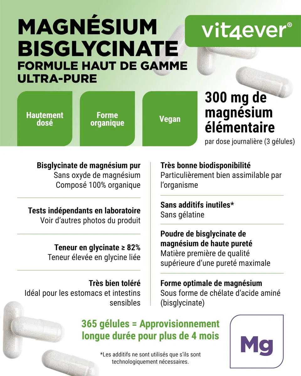 Bisglycinate de Magnésium - 365 Gélules - 300 mg de Magnésium Elémentaire par Dose journalière - Premium : Magnésium Chélaté - Vegan - Hautement Dosé
