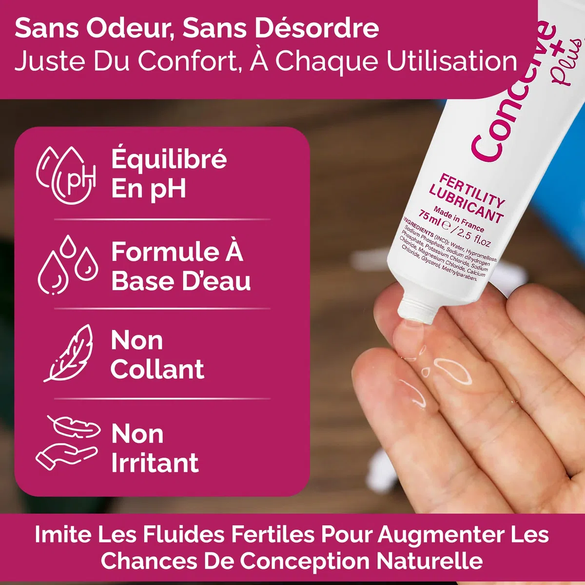 Conceive Plus Lubrifiant de fertilité 75ml – Formule calcium et magnésium – pH équilibré et isotonique – Compatible fertilité – Aide à créer un environnement favorable – Tube pratique et hygiénique