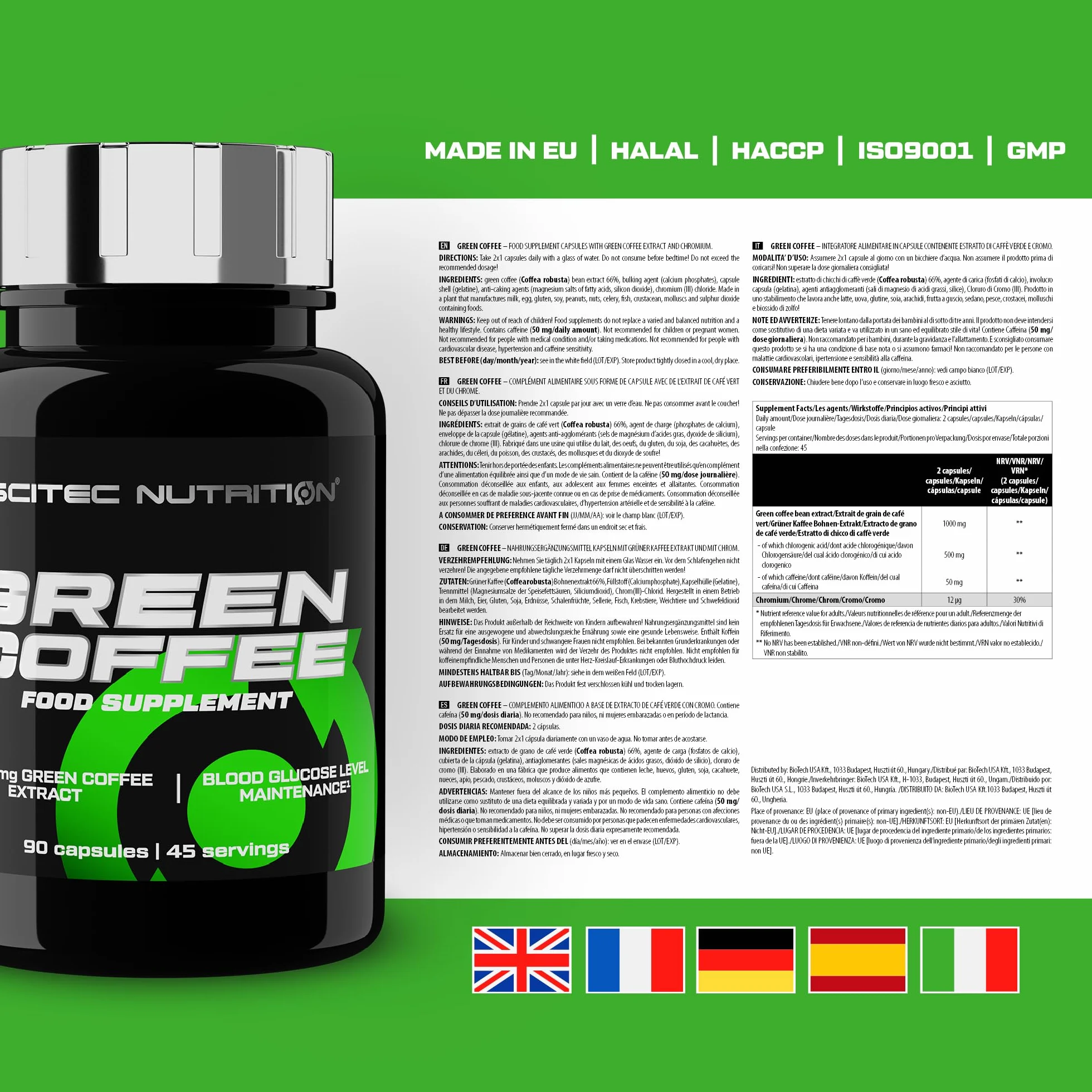 Scitec Nutrition Green Coffee - Soutien Métabolique avec Acide Chlorogénique, Thé Vert, Caféine, Chrome, Choline et Iode - Gestion de la Thyroïde et des Lipides - 90 Capsules