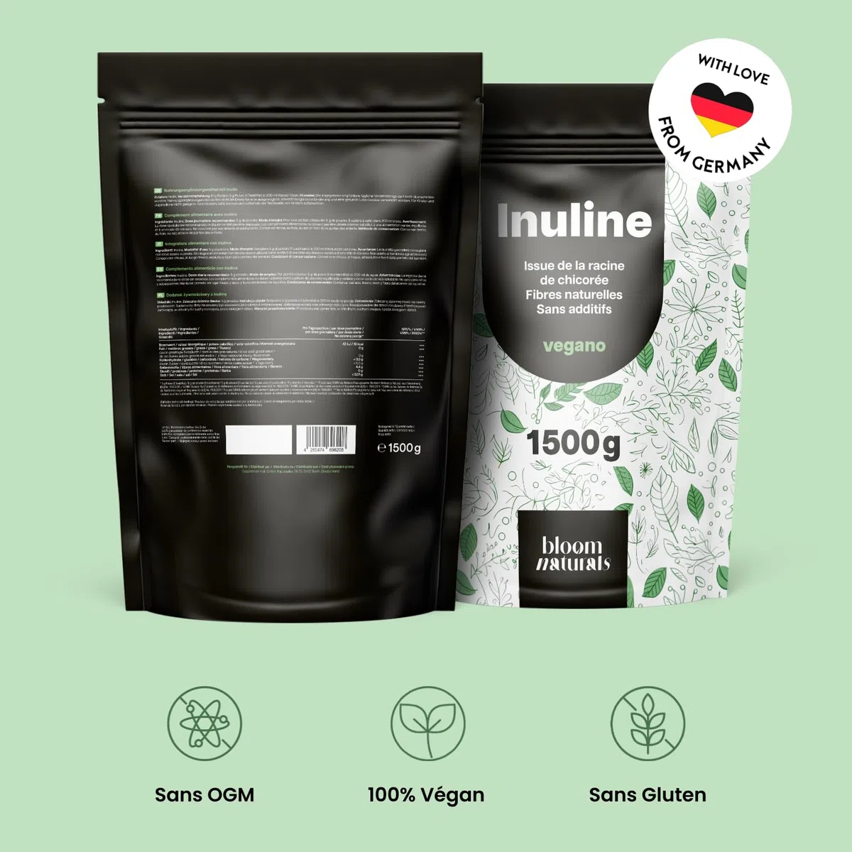 Inuline en Poudre 1500 g (1,5 kg) – Issue de la Racine de Chicorée – Source Naturelle de Fibres – 100% Vegan – Produite en Allemagne – Sans Additifs