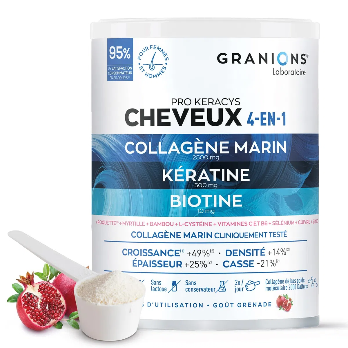 Granions Pro Keracys Cheveux 4en1 300 g | Complement Alimentaire Cheveux - Collagene Marin, Biotine, Selenium, Keratine, Zinc, Vitamine B6 - Grenade - 300g