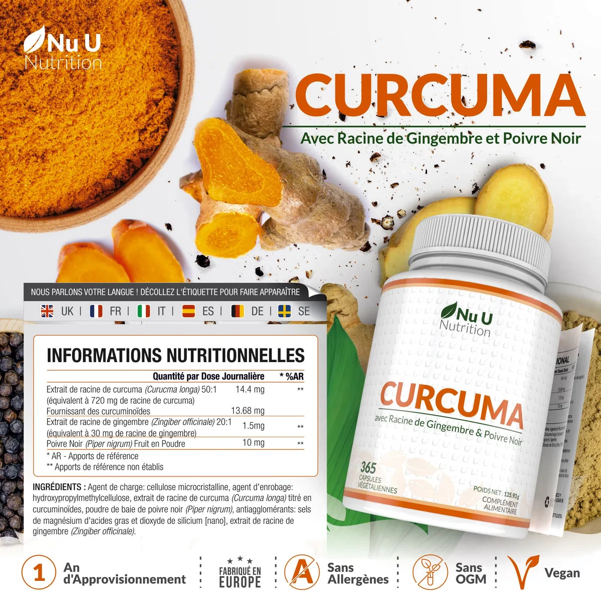 Curcuma Gingembre et Poivre Noir - 365 Gélules Vegan (1 An) - 95% de Curcumine - 720mg de Curcuma par Gélule de Haute Absorption - Fabriqué en Europe - Nu U Nutrition