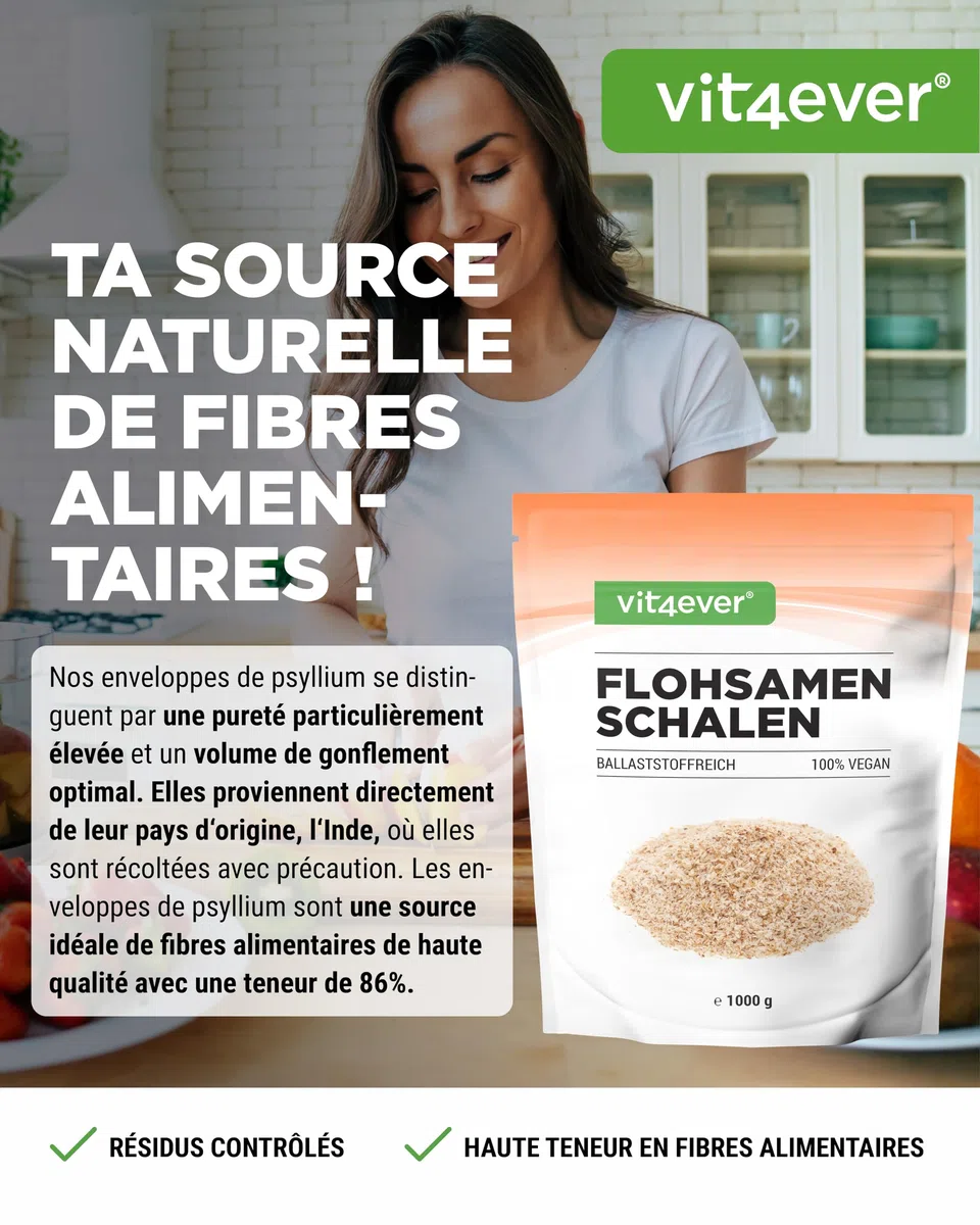Psyllium Husks 1 kg - 1000 g - Résidus Contrôlés - Pureté 99% - Origine : Inde - Faible Teneur en Glucides - Haute Teneur en Fibres - sans Additifs - Vegan