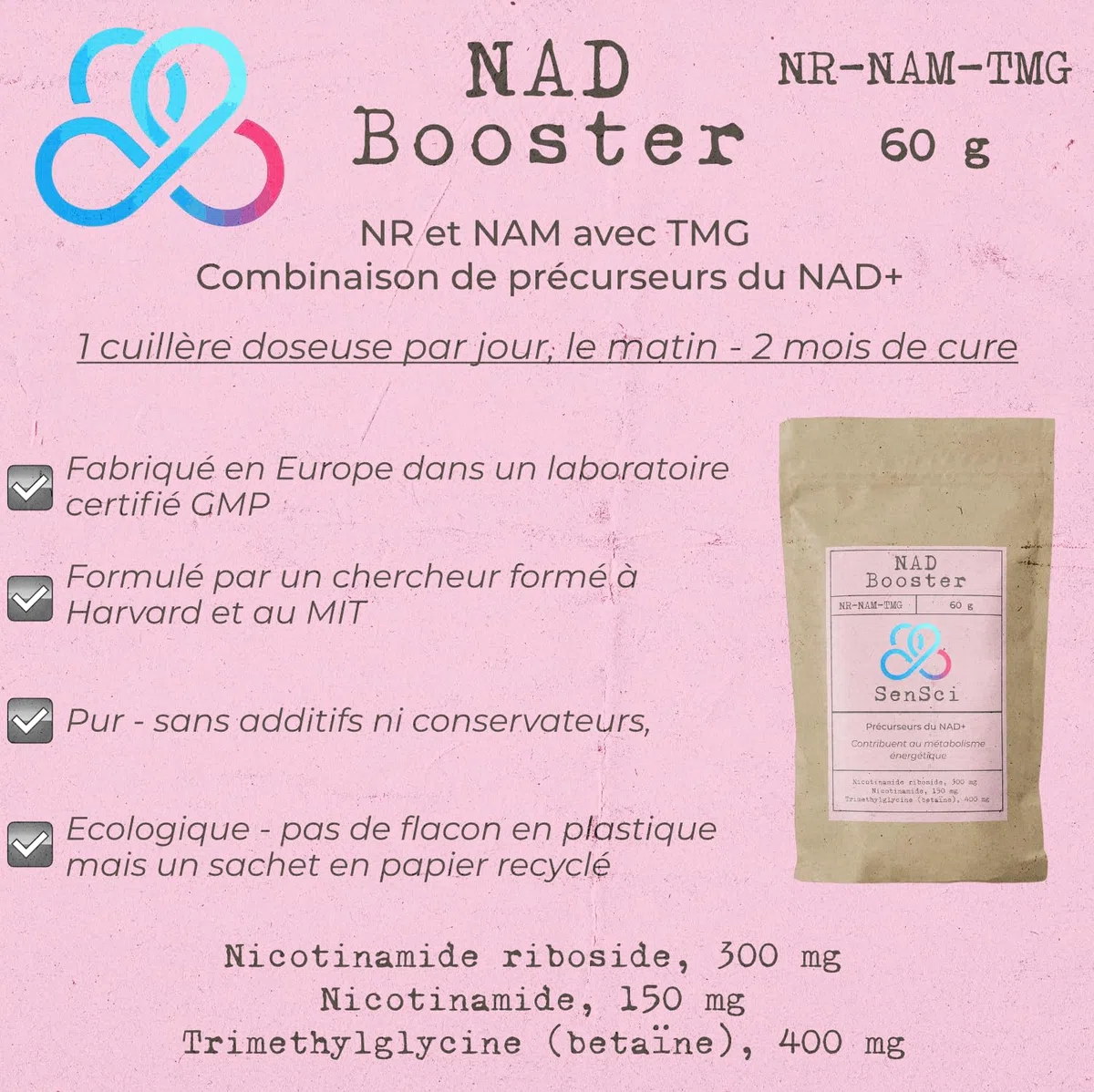 NAD+ Booster 60 jours | Nicotinamide Riboside NR + Nicotinamide + TMG | Énergie cellulaire & vitalité | Formulé par expert scientifique | 60 doses
