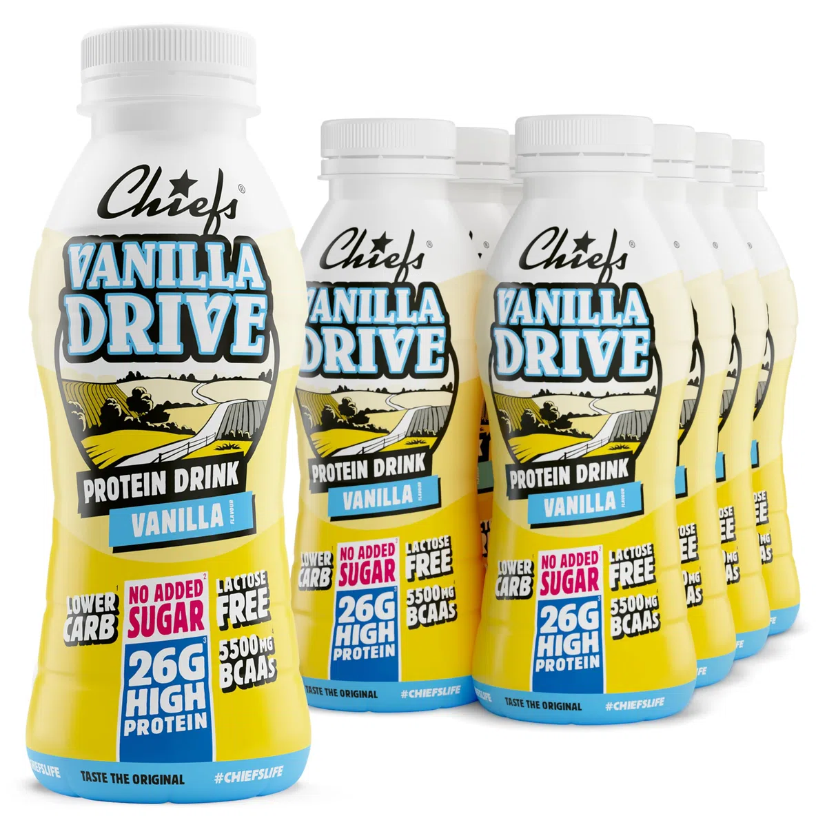 Chiefs® Milk Protein Drink avec 25g de protéines et BCAA • Shake de haute protéine à faible teneur en carbes, sans lactose et faible en sucre • 8 x 330ml (Banana)
