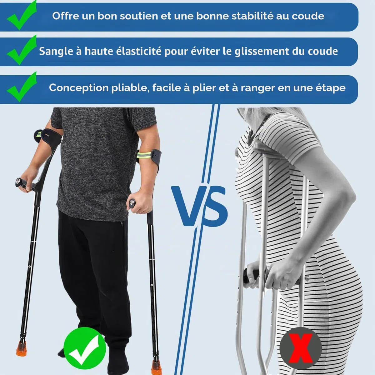 Lot de 2 béquilles pliantes pour adultes, béquilles légères pour adultes, femmes, hommes, personnes âgées, hauteur réglable avec poignée confortable, béquilles noires pour aides à la marche