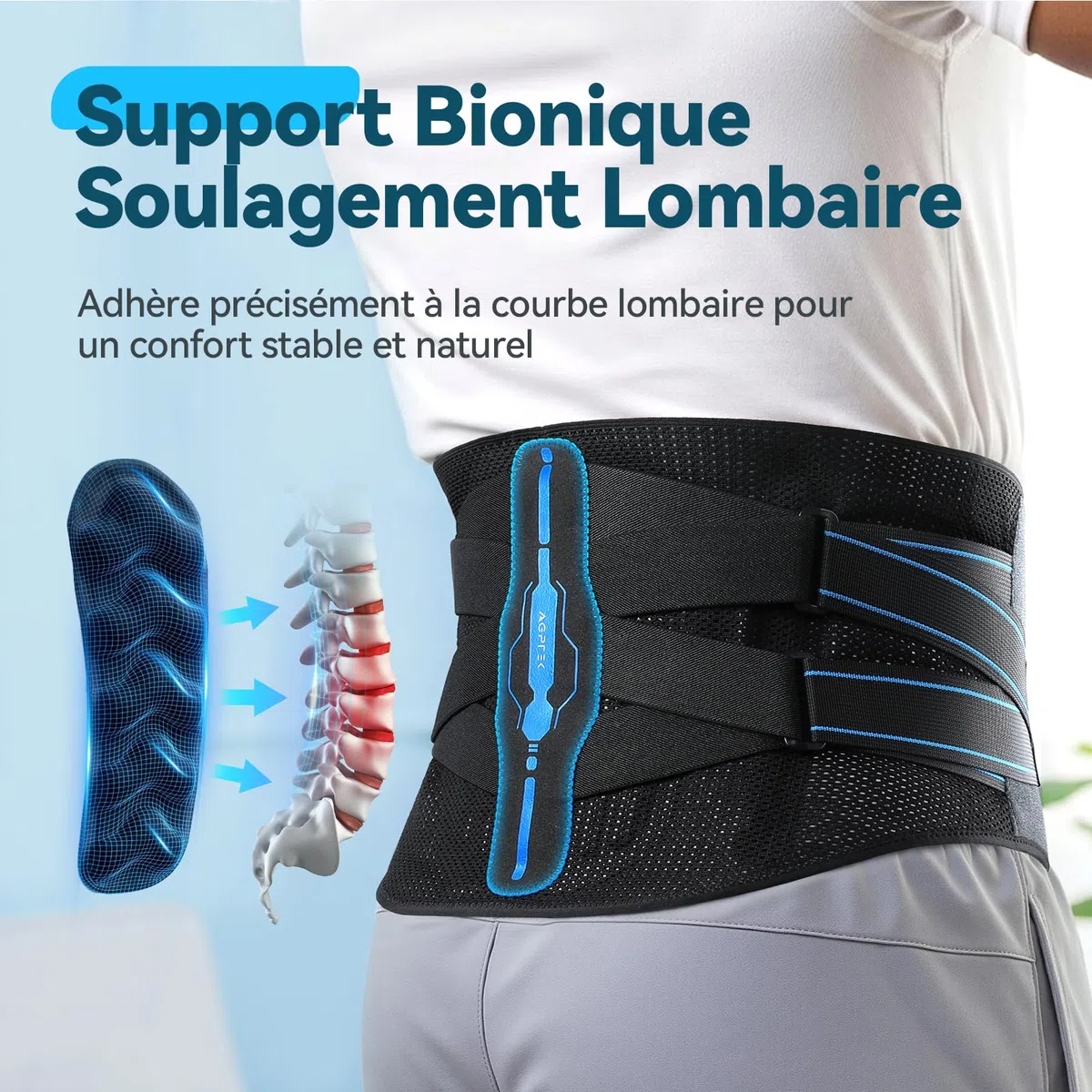 AGPTEK Ceinture Lombaire, Ceinture de Soutien Dorsal Respirant avec Coussin 3D Ergonomique, Soulage les Douleurs Lombaires, Ceinture à Double Sangle Réglable pour Sport, Musculation, Homme/Femme, M